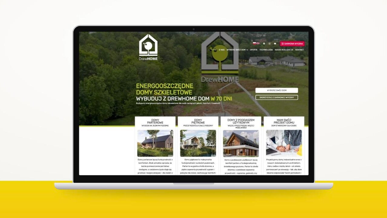 Strona drewhome.com.pl na laptopie – realizacja Marketing w Sieci