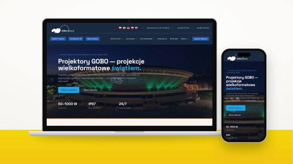 Strona goboprojektor.pl na laptopie i telefonie – realizacja Marketing w Sieci
