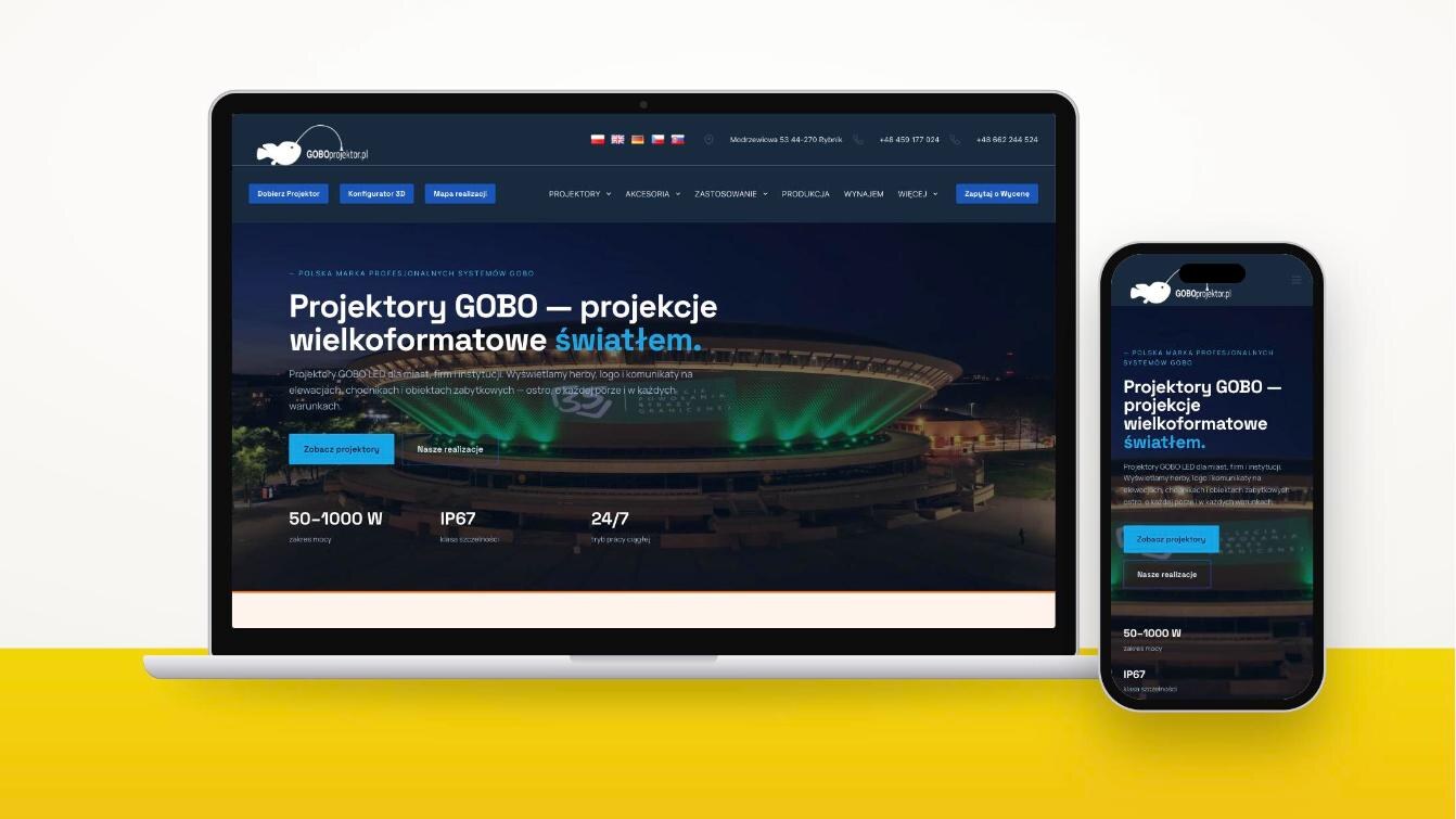 Strona goboprojektor.pl na laptopie i telefonie – realizacja Marketing w Sieci